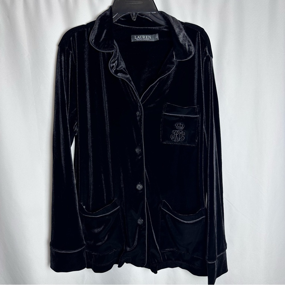 Lauren Ralph Lauren Black Velvet Sleep Shirt Medium Button Front Pajama Top